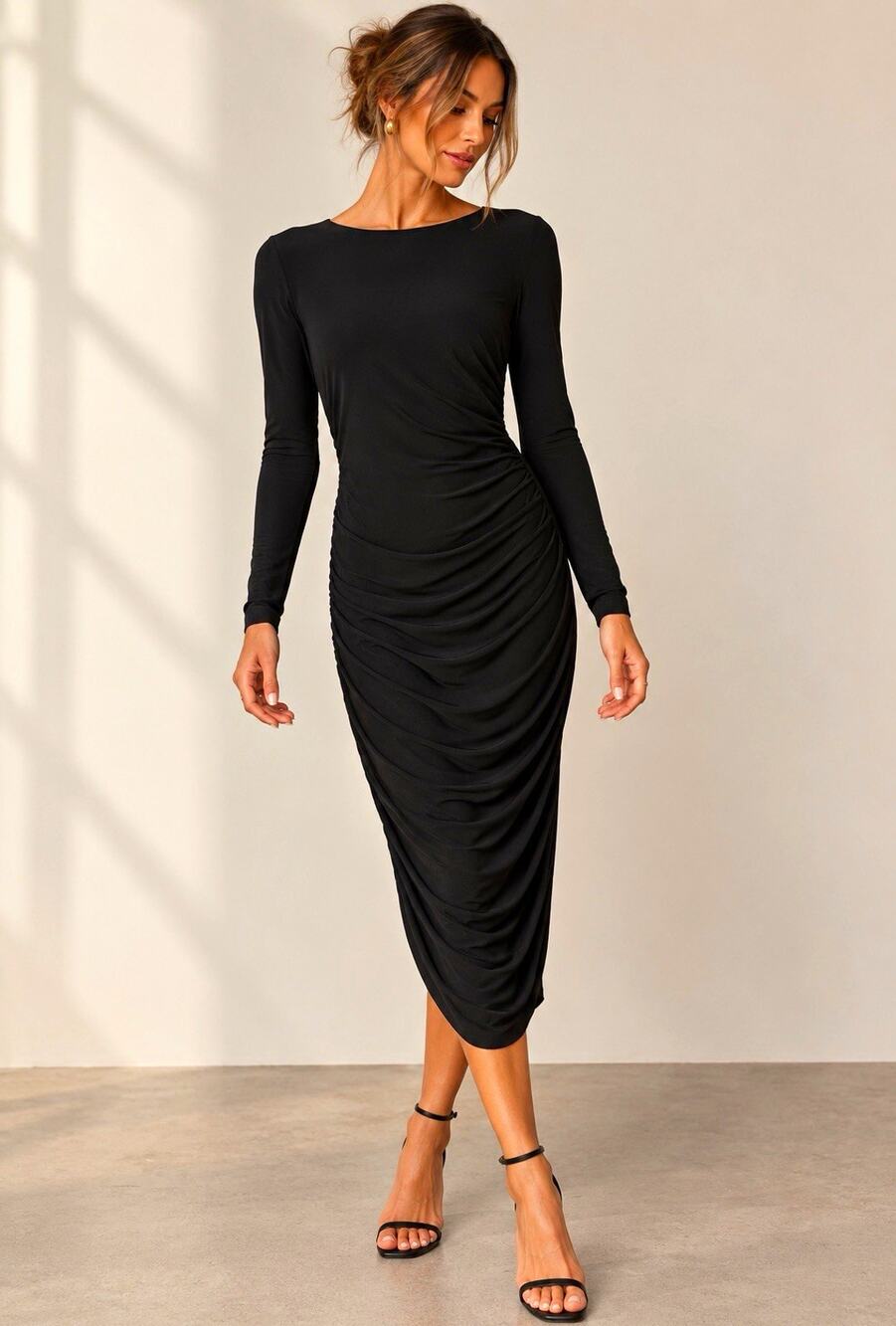 Norma Kamali Black Bodycon Dress Round Neck Ruched Midi Jersey Stretch Size L